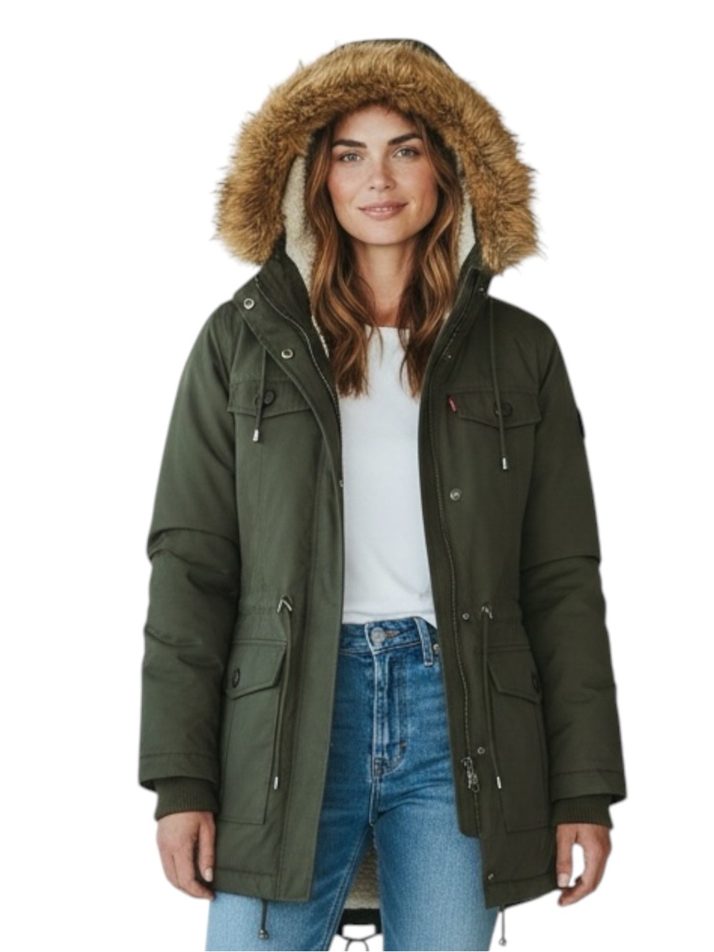 LEVI’s Hooded Parka w/ Faux Fur Trim in Olive Green Size Small — SUPER WARM!!!